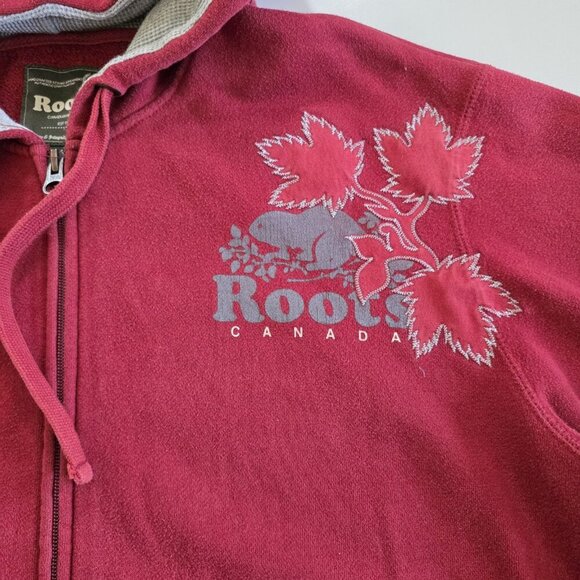 Roots Hoodie Men L Red LS 2 Way Zip Pockets Maple Leaf Beaver Embroidery Canada - Picture 9 of 15